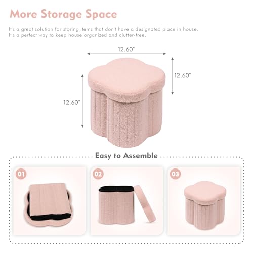 Image of B FSOBEIIALEO Storage Ottoman Cube, Flowers Shaped Ottomans with Storage Foot Stool Footrest for Lving Room, Boucle Ottoman Seat for Dorm Room,Faux Teddy Fur, Pink 12.6 inchx12.6 inchx12.6 inch