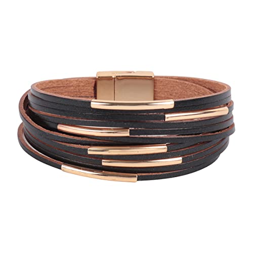 Riah Fashion Bohemian Faux Leather Wrap Multi Layer Statement Bracelet - Boho Leatherette Cuff Bangle Crystal Rhinestone, Metallic Bead, Acrylic Pearl (Multi Strand Leather Wrap - Black) #TOP21