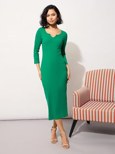 Image of barcino Black Rib Deep V-Neck Ankle Midi Dress