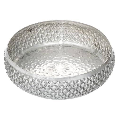 Image of eCraftIndia Floral Silver Metal Urli Bowl for Home Decoration Office Tv Unit Kitchen Showpiece for Good Luck | Urli for Floating Candles Flowers for Pooja Room Entryway Living Room Diwali Gift