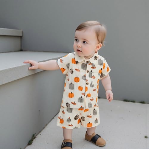 Toddler Baby Boy Halloween Outfit Pumpkin Cotton Linen Button Down Short Sleeve Shirt and Shorts 2 Piece Clothes Set3