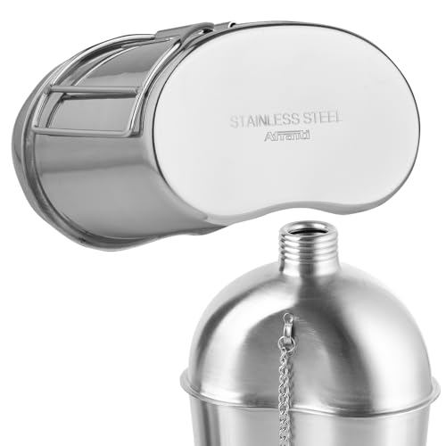 Afranti Stainless Steel Military Canteen 1QT Portable Army Water Bottle with 0.5QT Cup & Nylon Cover Waist Belt Sleeves for Hiking Camping Climbing and Most Outdoor Activities