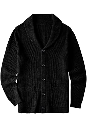 ZHILI Men's Shawl Collar Cardigan Sweater Slim Fit Cable Knit Button up Black Merino Wool Sweater_Black_XXX-Large