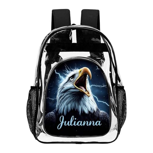 Personalized Lightning Eagle Black Clear Backpack PVC See Through Transparent Backpack with Large Capacity School College Workplace, Back to School Gifts for Boys Girls Kids