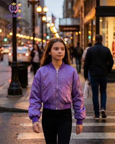 Image of WELAKEN Lightweight Multiple Pockets Zip Up Bomber Jacket for Girls Toddler & Kids II Little Girl's Casual Flight Crop Jacket