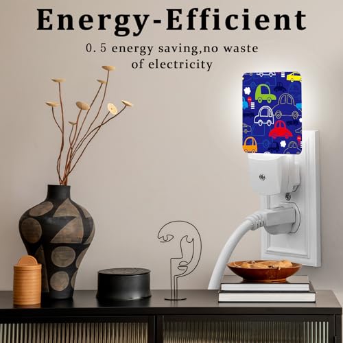 Image of Cartoon Transport Night Light, Plug-into Wall Blue Cars Trucks Nightlight Lamp with Dusk to Dawn Sensor, Led Lamp 0.5W Energy Efficient for Boys Girls Adults Home Decor