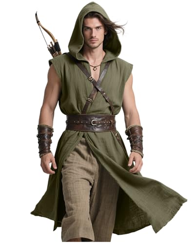 Joukavor Medieval Sleeveless Surcoat Renaissance Tabard for Men Halloween LARP (Army Green, L)