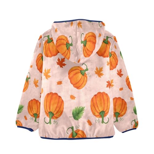 Pumpkin Leaves Pattern on Peach Toddler Fleece Jacket Girl Boys Hooded Fleece Jacket Coat Warm Outwear Zip-up 3-10T2