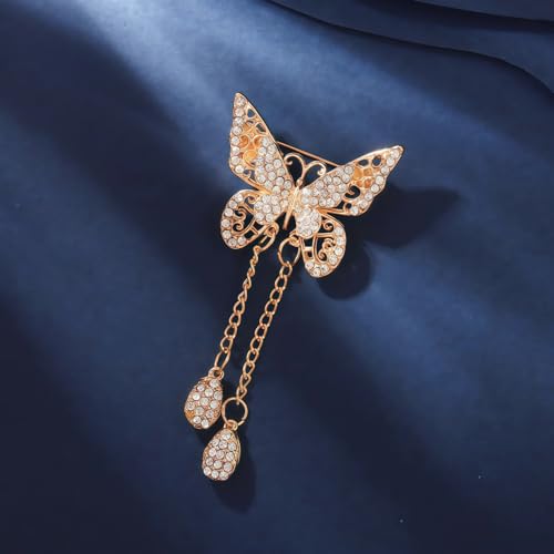 Image of Gold /Silver Butterfly Brooches for Women Rhinestone Tassel Butterfly Pin Brooch Dainty Crystal Lapel Pin Animal Insect CZ Brooch Lapel Pin for Coats Jackets Sweaters Accessories
