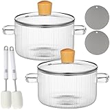 Tioncy 2 Pcs Clear Glass Pots for Cooking on Stove 1.3 L 44 oz Glass Saucepan with Lid Handle Simmer Pot Handmade Cookware Borosilicate Cooking Pot with Brushes and Silicone Mats(Ribbed)