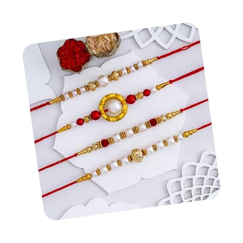 Image of eCraftIndia Set of 4 Red Golden White Pearls Rakhi for Brother Bhaiya Bhai | Roli Chawal Pack | Rakhi Combo