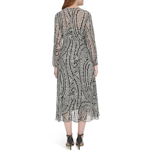 Image of Tommy Hilfiger Women's Long Sleeve Keyhole Neck Chiffon Hi-lo Midi Dress