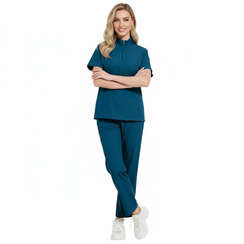 Set di scrub da donna con colletto in piedi e cerniera superiore con quattro tasche elasticizzati pantaloni da yoga per assistenza medica uniforme da lavoro salone di bellezza DK50