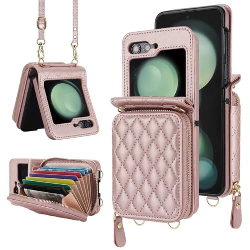 Housse de corde pour Samsung Z Flip 3 4 5, étui portefeuille cuir à bandoulière or rose