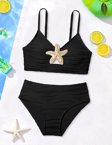 Image of Teen Girls Swimsuits V-Neck Bikini Set Bathing Suits Cross Straps Two Piece Swimwear with Drawstring