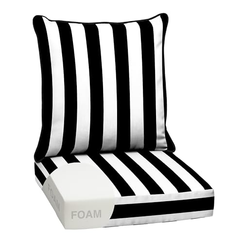 Arden Outdoor Foam Deep Seat Cushion Set, 24 in x 24 in, Weather-Proof, Rain-Proof, Fade Resistant Patio Cushion, Bottom and Back Cushion for Chair, Sofa, and Couch Black Cabana Stripe