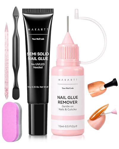 Makartt Press On Nail Glue and Remover Kit 10g Semi-Solid Glue Air Dry in 20s with Adjustable Time for beginners 15ML Acetone-Free Debonder with Jojoba Oil for Press-on DIY Users No UV Lamp Needed
