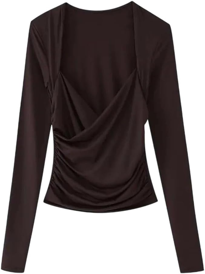 Women's Pleated Drape Neck Solid Color Slim Fit Top