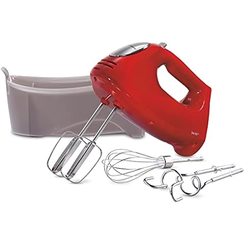 Hamilton Beach 6-Speed Electric Hand Mixer with Whisk, Traditional Beaters, Snap-On Storage Case, Dough Hooks, Red Cover