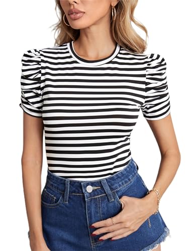LilyCoco Womens Striped Puff Sleeve T Shirt Breton Crewneck Shirt Loose Fit Tee