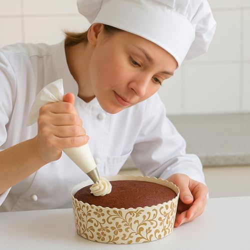 6" Elegant Bake & Serve Paper Disposable Cake Mould Set, Gold Floret Design, 500g Capacity, Greaseproof & Heat-Resistant, Perfect for Cakes & Tarts (Pack of 15)