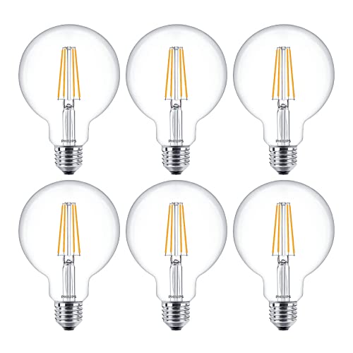 Philips Paquete de 6 bombillas LED clásicas de filamento transparente G95, 7 W (60 W), E27 ES, rosca Edison grande, 2700 K, blanco cálido, 806 lúmenes, 15000 horas, ambientador de coche incluido, 80+