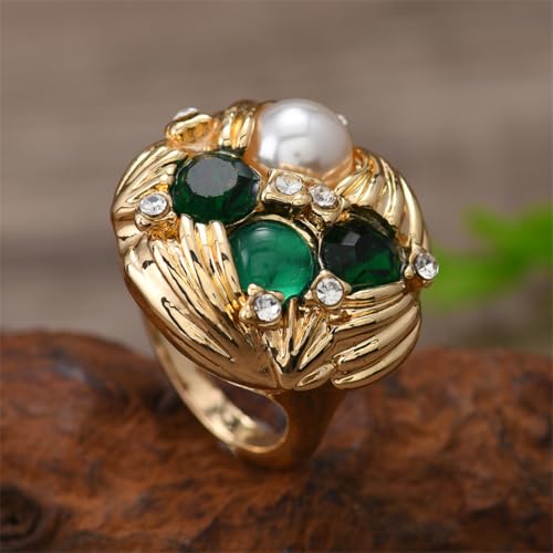 Cubic Zirconia Pearl Flower Statement Rings for Women Gold Plated Crystal Shell Pearls Texture Open Band Wrap Finger Ring Adjustable Comfort Fit Birthstone Engagement Wedding Jewerly for Christmas4