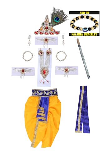 Image of Krishna Dress for Kids, Baby Krishna Dress for Janmashtami with Krishna Mukut, Peacock Feather & Flute Embroidered Krishna Costume for Girl & Boy, 3 Months-8 Years