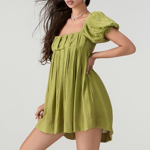 Image of Women Y2k Puff Sleeve Babydoll Dresses Square Neck Tie Back Mini Dress Summer Solid Off Shoulder Flowy Sundress