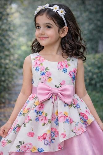 Image of Buy & Try Girl's Satin Floral Printed Frock Knee Length Short Frocks Dress.