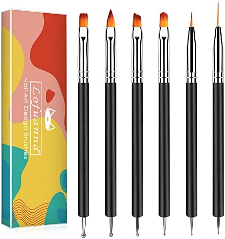 Lofuanna Nail Art Brush Set,6pcs Double Ended Fine Nail Liner Brush Dotting Pen Painting Tools with Nail Extension Gel Brush, Builder Gel Brush, Nail Art Liner Brush and Nail Dotting Pen for Salon at Home DIY Manicure
