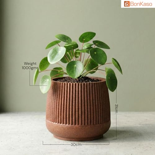 Image of BonKaso 12 Inch Audi Plant Pot for Indoor & Outdoor Use | Heavy Duty Durable Polymer Flower Pot Gamla | Lightweight Modern Planter for Living Room, Balcony, Terrace & Office Decor (Brown)