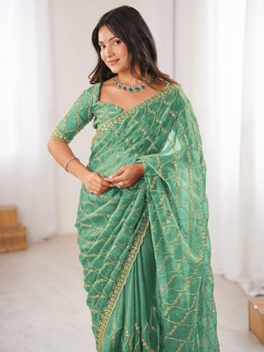 Image of AKHILAM Women's Shimmer Chiffon Heavy Sequence Embroidery Work Saree With Unstitched Blouse Piece (VT798A VM Parent)
