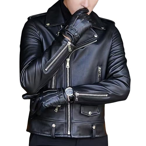 Chaqueta de motociclista de cuero para hombre, con cremallera asimétrica, chaqueta de motociclista con cremallera asimétrica para hombre, Negro 1, XL