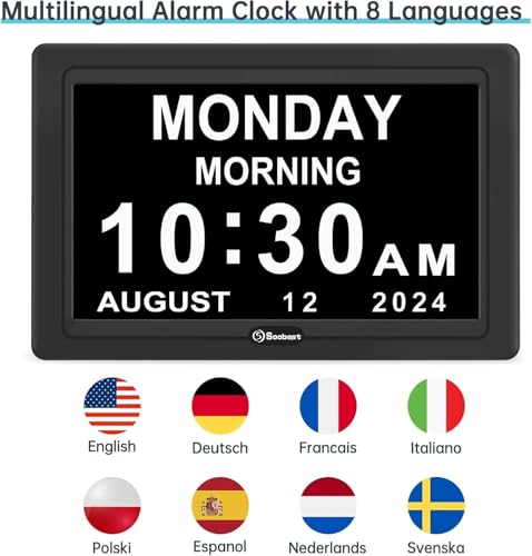 Soobest Dementia Digital Clock for Seniors Elderly, 20 Alarm Reminders 3 Ringtones for Memory Loss Alzheimers, Electric Time Date Day Large Display Calendar Clock, Auto DST, 1024 * 600P HD