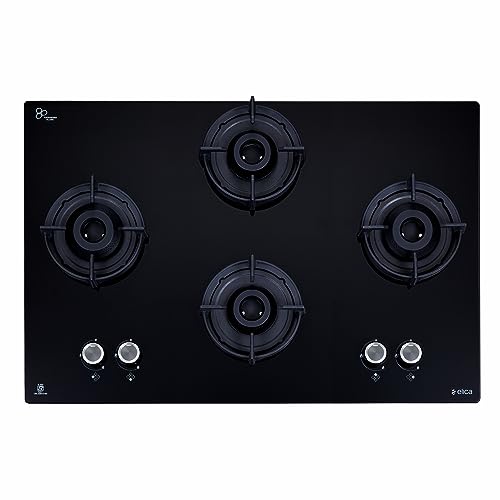 Elica Hob 4 Italian Burner Auto Ignition Glass Top with Full Brass Direct Multi-Flame Burner Gas Stove (FLEXI 491 LOTUS IND HD BRASS) (Black)