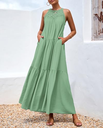Image of BTFBM Halter Summer Dresses for Women 2026 Casual Spring Hollow Out Sleeveless Boho Sundresses Beach Vacation Maxi Dress