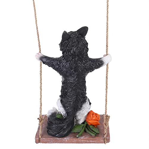 Buitengazonornament, milieuvriendelijk harsmateriaal Zonbestendig hars Dierenstandbeeldtextuur is helder voor binnen- of buitendecoratie(Zwarte kat op schommel) - Image 4