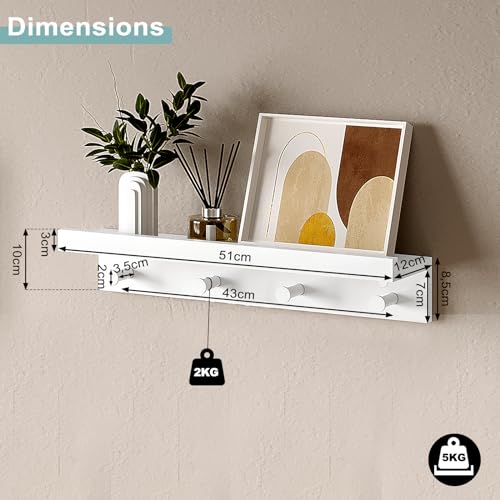 WOLTU Estanteria Pared, Estante Flotante con 4 Ganchos, Balda Pared Colgador, Estanteria Montada a Pared para Cocina, Recibidor, Dormitorio, Blanca, 51x12x10cm, RG9510ws - imagen 5