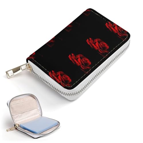 Women Leather Coin wallet, Key Change Organizer Zipper Card Holder Purse Clutch Pouch Pocket 4.5x3.15 in Print Red Rose Petal on Black Background2