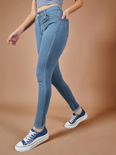 Image of Miss Chase Women's Skinny High Rise Cropped Fringed Hemline Detailing Stretchable Denim Jeans
