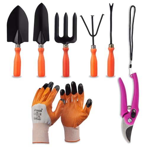 Image of Amazon Brand - Solimo 7-Piece Gardening Tool Kit | Cultivator, Fork, Trowels, Weeder, Garden Gloves, Pruner Cutter | Indoor & Outdoor Gardening Tool Kit