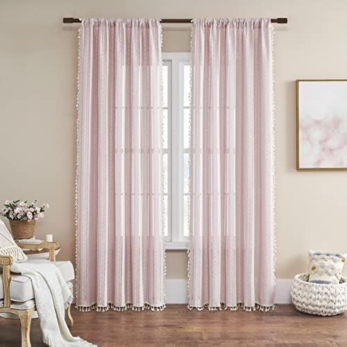 Bclbuste TWZD-CT05 Linen Boho Curtains Cute Embroidered Pink Curtains For Girls Bedroom Nursery Room 84 Inches Long 2 Panels Light Filtering Farmhouse Curtains thumb #1