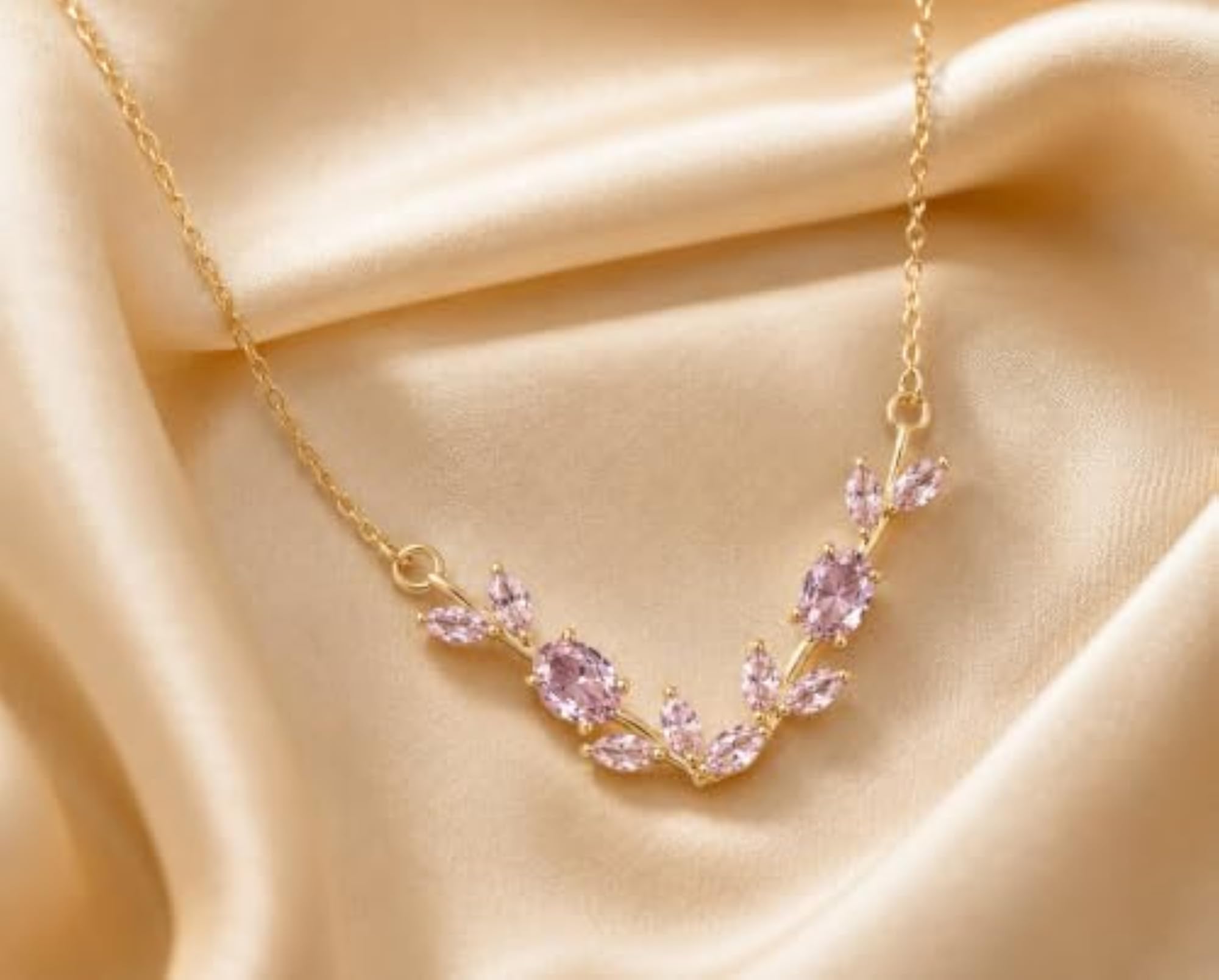 Women's Pink Crystal Leaf Tulip Necklace with Gold-Tone Chain