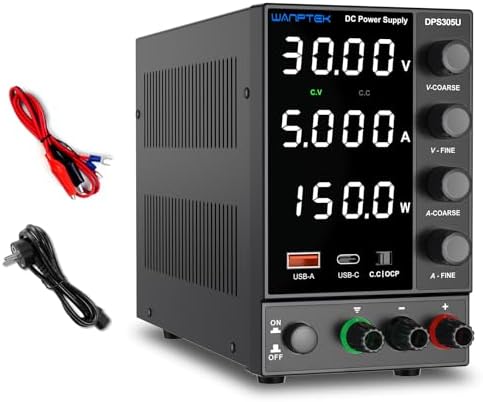 Wanptek Fuente de alimentación Laboratorio Regulable 30V 5A con Protección OCP, Carga Rápida USB-A/Tipo-C, Pantalla LED de 4 Dígitos y Regulación Precisa con Codificador