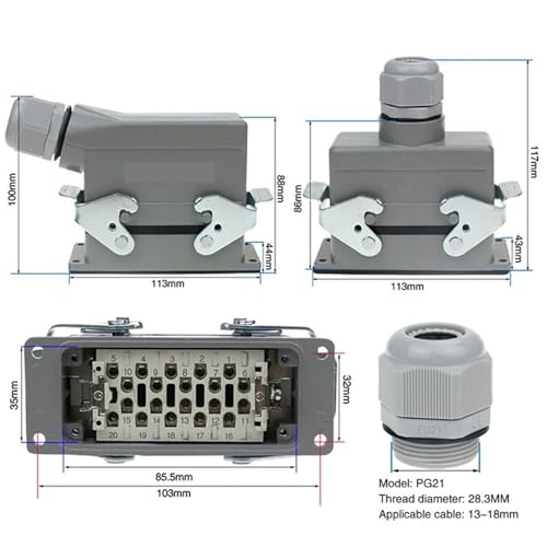 Conector HDC-HE-20 rectangular lateral para enchufe de aviación industrial de 1 pieza 3