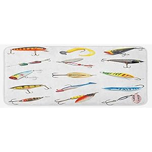 Ambesonne Fishing Kitchen Mat, Several Fish Hook Equipment Objects Trolling Angling Netting Gathering Activity, Plush Decorative Kitchen Mat with Non Slip Backing, 47″ X 19″, White Gray