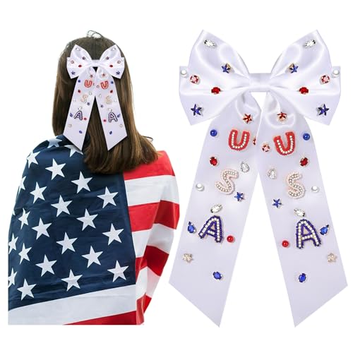 4th of July Hair Bows for Women Silky Satin Red White and Blue Hair Bows American Flag Star Patriotic Hair Ribbon Bow Clips USA Fourth Of July Hair Accessories Outfits Gifts Party Favors (White 5)