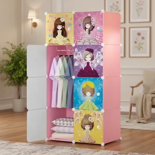 Image of KRISHYAM Kids Modular Storage Cabinet with Cartoon Princess Print Doors, 8 Cube Plastic Wardrobe Organizer, DIY Closet System with Hanging Rod, Toy & Clothes Storage (Baby Print, 8 Box)