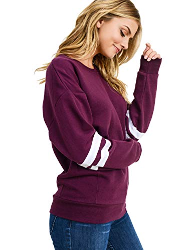 esstive Women's Ultra Soft Fleece Lightweight Casual Stripe on Sleeves Varsity Solid Sweatshirt, Plum, Large
